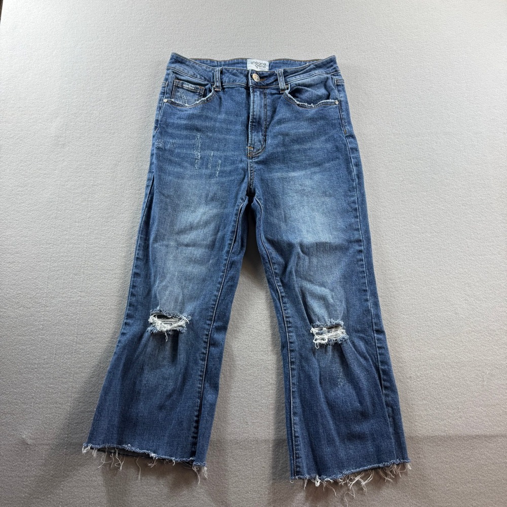 Insane Gene Crop Flare Jeans Women Size 11 Blue Distressed Raw Hem High Rise